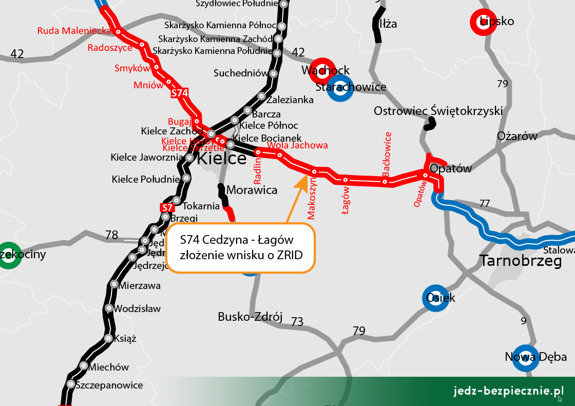 Polskie drogi – złożenie wniosku o wydanie decyzji o Zezwoleniu na realizację inwestycji drogowej S74 Cedzyna - Łagów, województwo świętokrzyskie